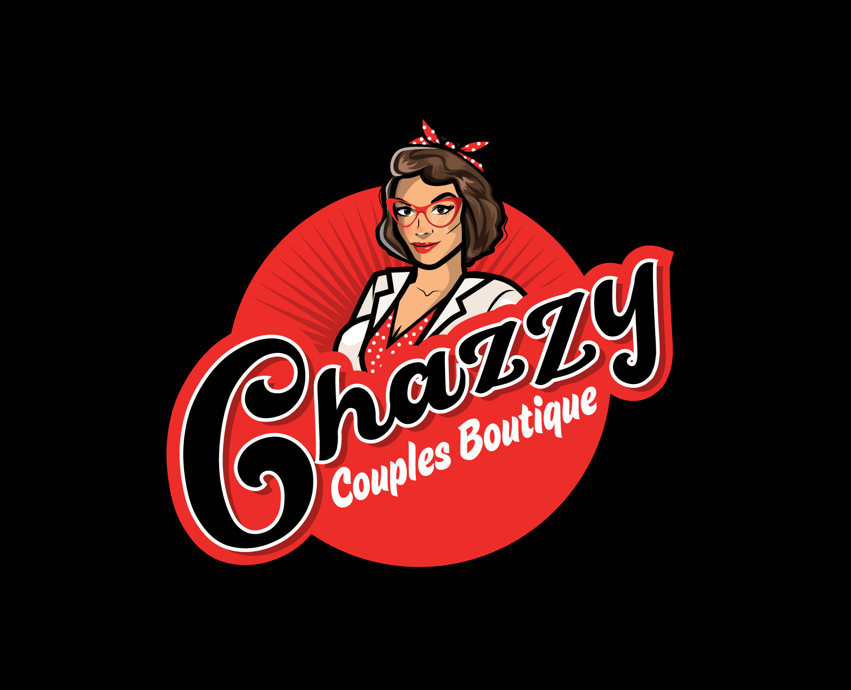 Chazzy Couples Boutique logo with illustrated pin-up style woman on a black background