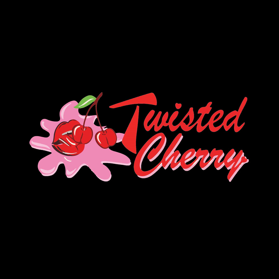 Twisted Cherry logo with red script, cherries, and lips graphic on a black background