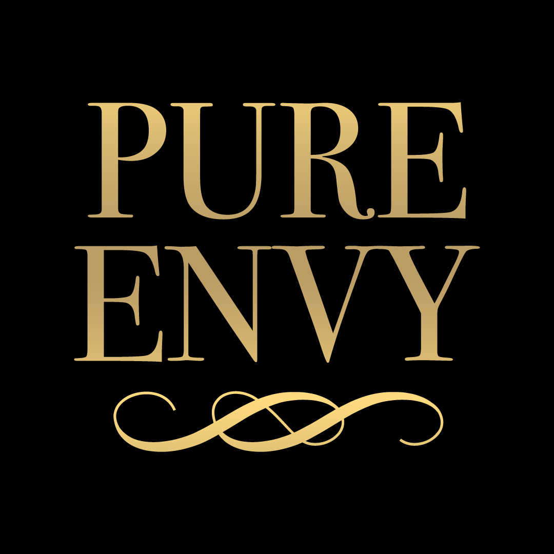 Pure Envy logo in gold serif lettering with decorative flourish on a black background