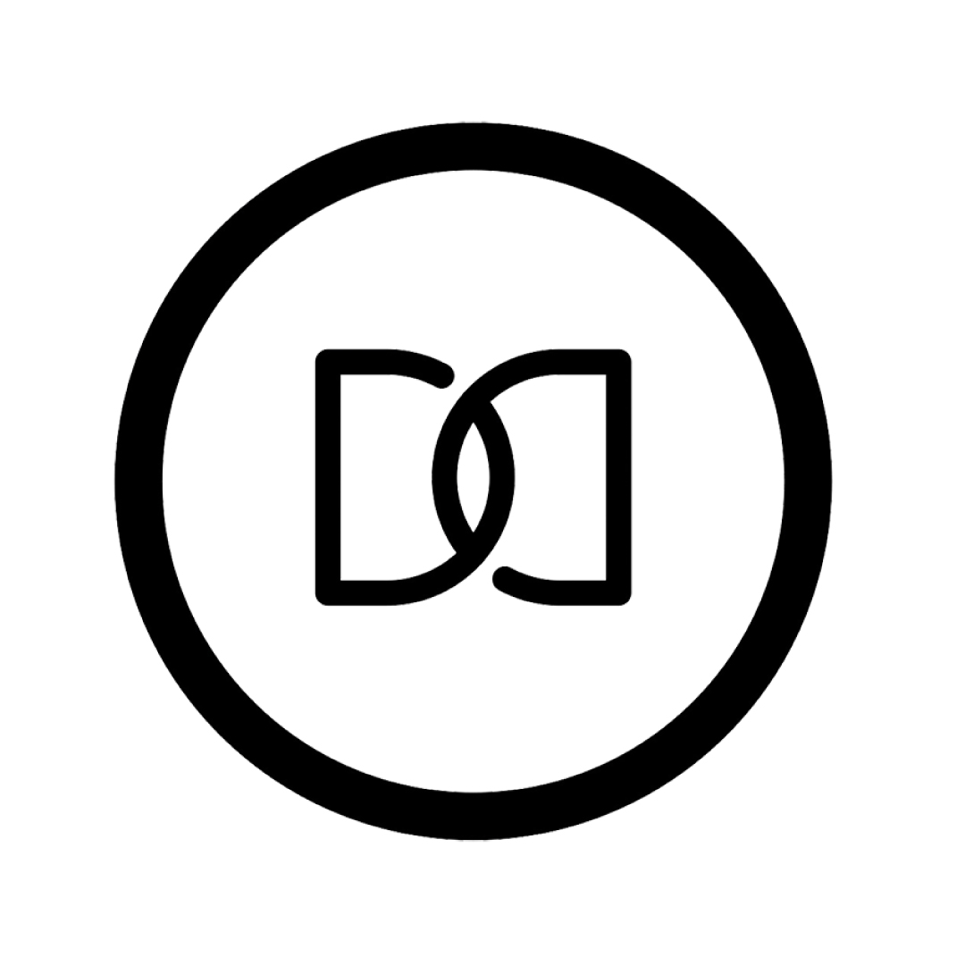 Dani Daniels logo with interlocking initials inside a black circle on a light background