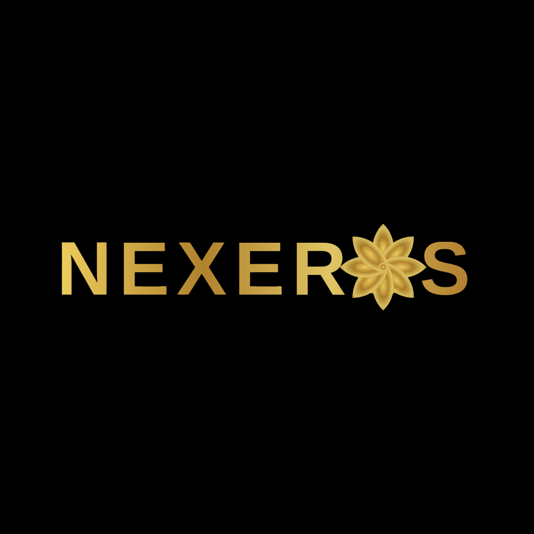 Nexeros wordmark in gold with a flower-shaped emblem on a black background